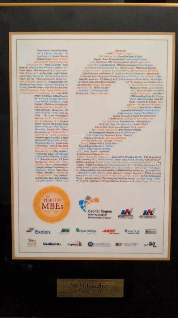 Top 100 MBE award for Vidya at CRMSDC Leaders and Legend